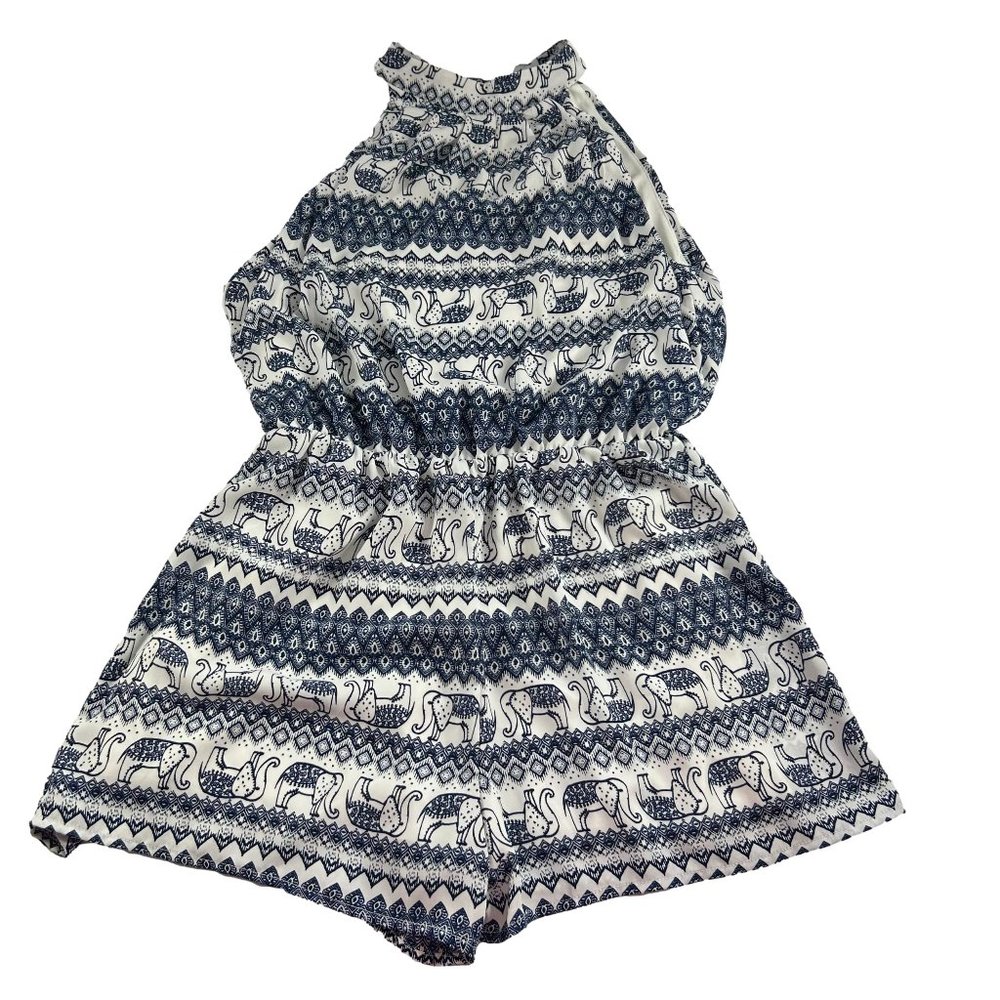 Sierra Sky Womens Romper Size Small Elephant Pattern Blue White Sleeveless Lined